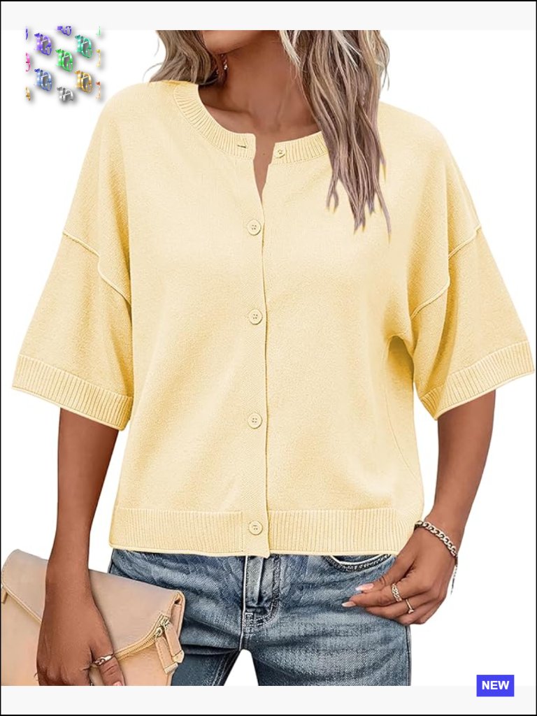 Short Sleeve Button Up Cardigan Loose Fit Knit Top Casual Lightweight Summer